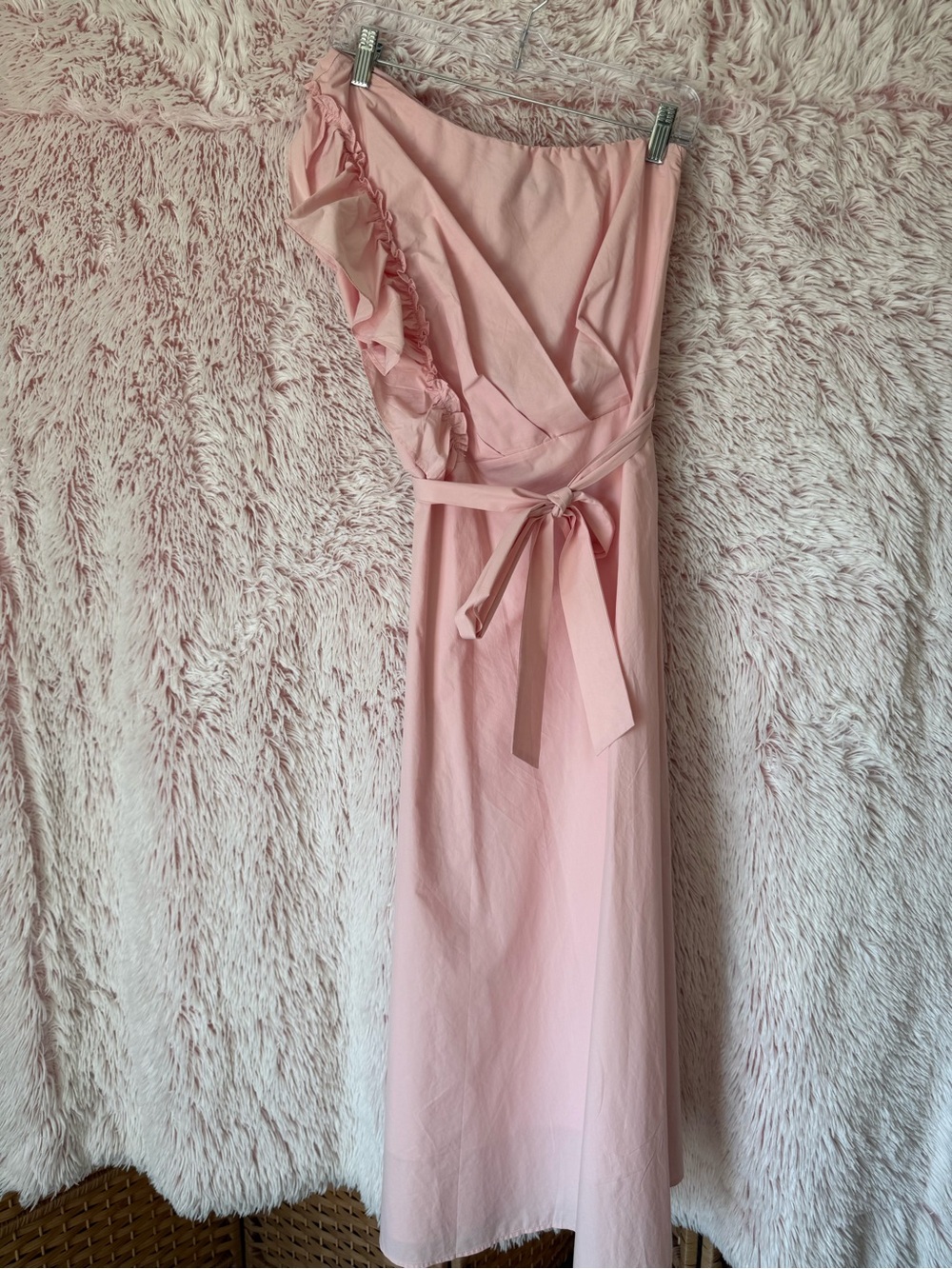 One-Shoulder Ruffle Tie-Waist Dress in Soft Pink